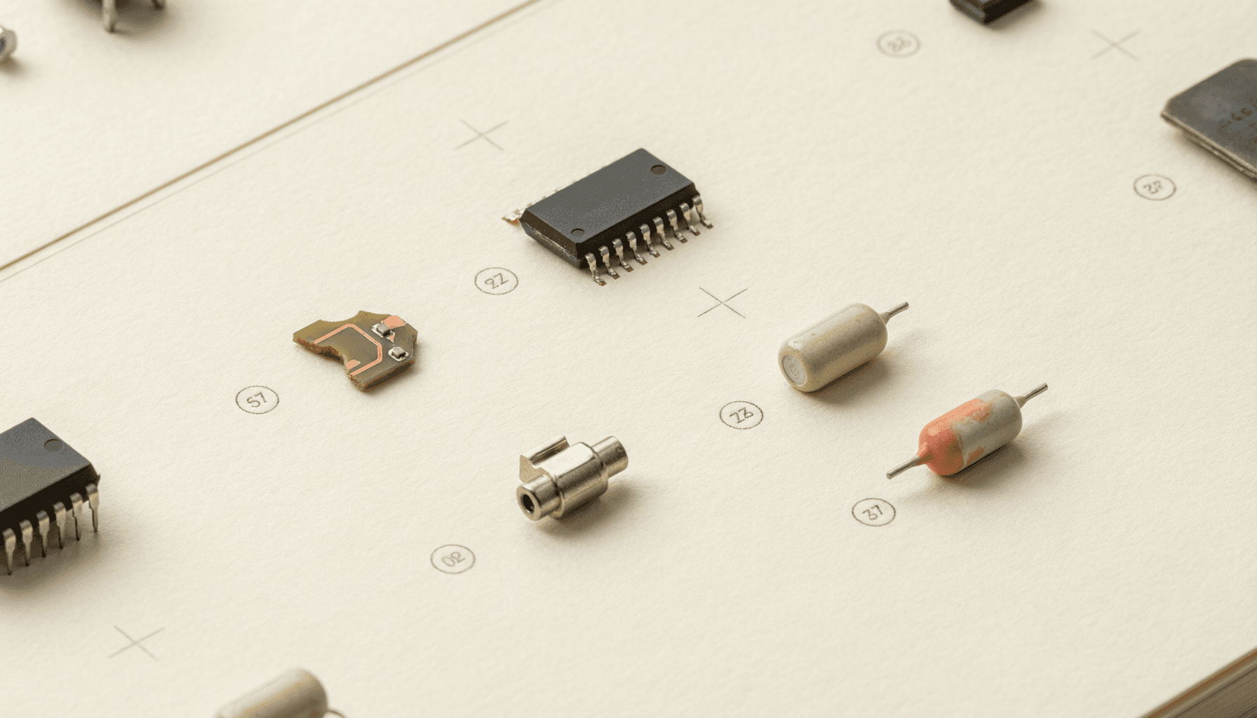 电子元器件静物图版：芯片、PCB、电容与连接器